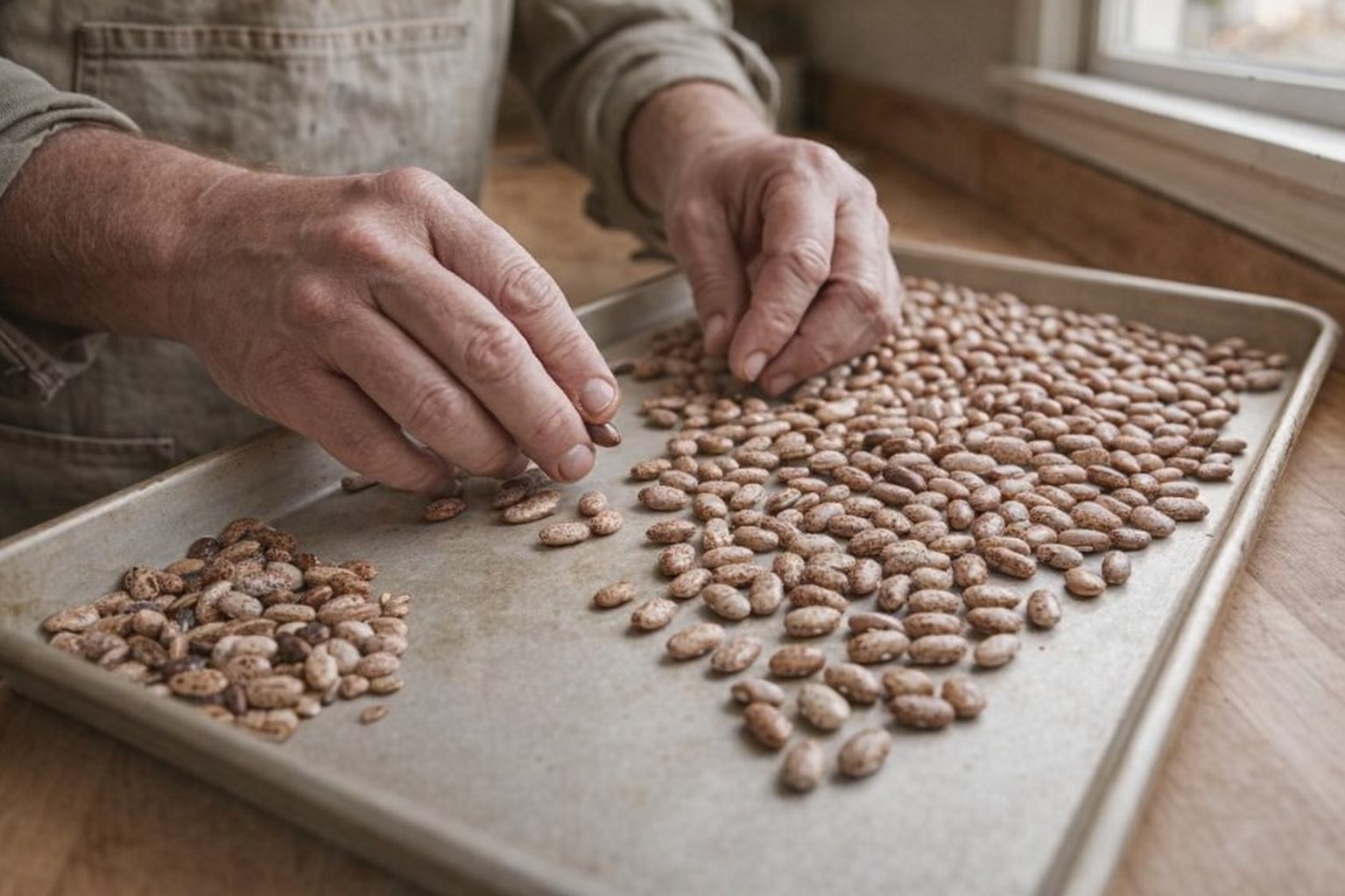 A close-up shot of dried pinto beans being sorted on a light-colored baking sheet, natural light from a window